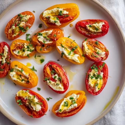 Freshly-made Mediterranean appetizer: Colorful mini bell peppers stuffed generously with herbed feta cheese.