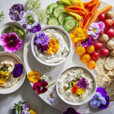 Vibrant Fairy Garden Platter with edible flowers, fresh veggies and dips, ready for a spring party.