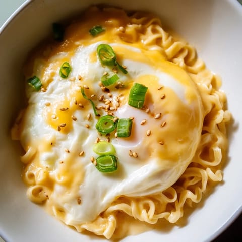 Close-up of creamy Instant Cheese Ramen, showcasing melted cheese and a perfectly poached egg.