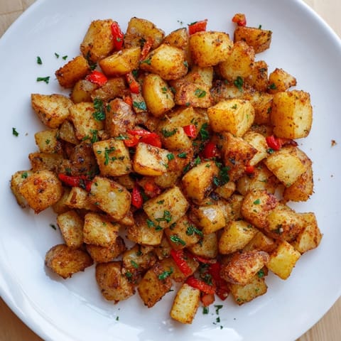 A close-up of delicious Air Fryer Breakfast Potatoes, featuring tender insides and flavorful spices, ready to serve.