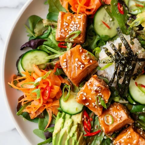 This visually appealing Poke Bowl Salad features succulent marinated fish, crunchy vegetables, and sesame seeds.