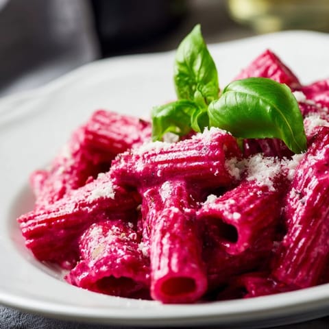 Silky beet cream sauce coats penne pasta for this easy Pink Pasta with Beet Cream, with garlic and lemon notes.
