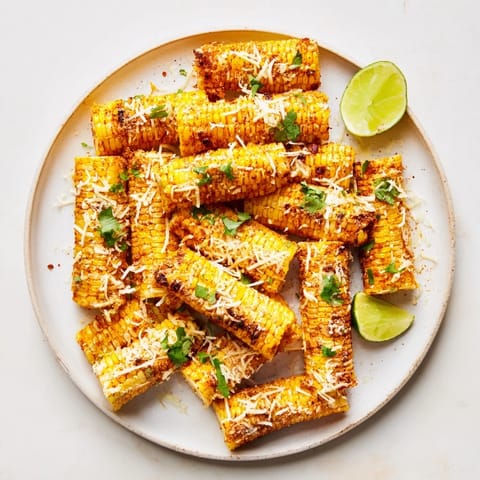 Freshly roasted Cheesy Corn Ribs topped with bubbly cheese and cilantro, served with lime wedges for a zesty kick.
