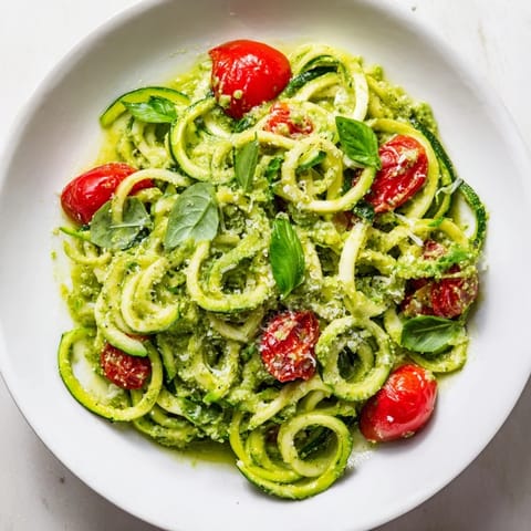 Warm zoodles tossed with vibrant avocado pesto, garnished with fresh basil and served in a white bowl.