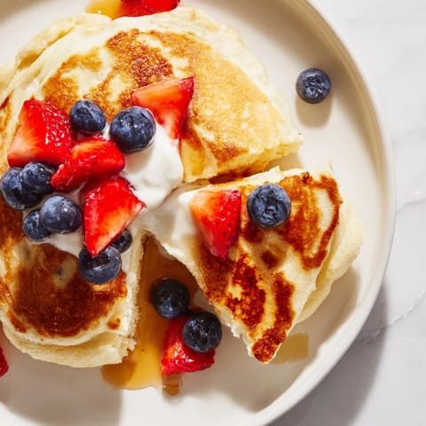 These high-protein Cottage Cheese Pancakes are light and airy, served warm with a dollop of Greek yogurt for a healthy breakfast.
