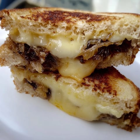 Two warm caramelized onion grilled cheese sandwiches resting on a wooden board near soup.