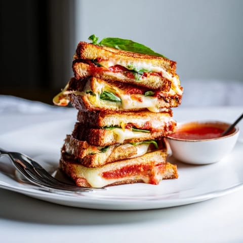 Freshly grilled Caprese Grilled Cheese Dippers stacked high, showcasing gooey cheese pull and bright red tomato slices on a rustic wooden serving board.