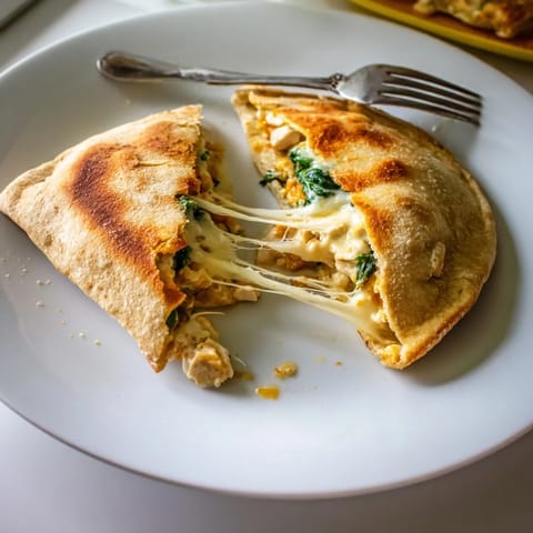 Freshly baked Spinach Artichoke Chicken Stuffed Pita with melted mozzarella and a garnish of chopped parsley.