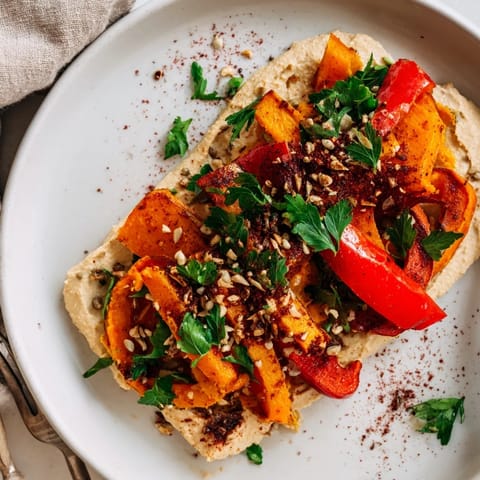 A vibrant plate of Roast Squash and Hummus Winter Salad features golden butternut squash, sweet potatoes, and red bell peppers over creamy butter bean hummus.