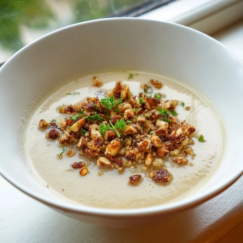 Velvety celeriac soup with hazelnut crumble in a rustic bowl, paired with a glass of white wine.