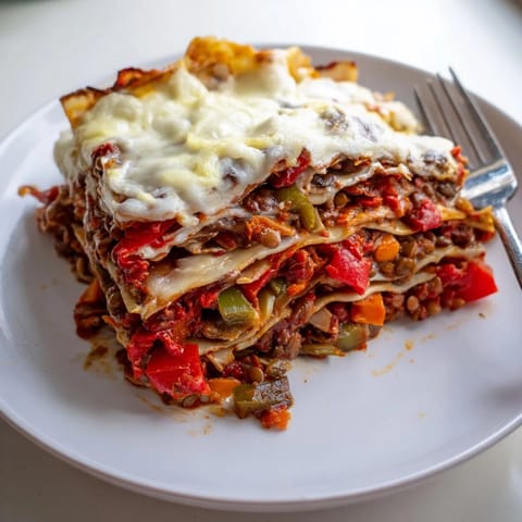 A skillet of One-Pan Smoky Veggie Lentil Lasagne showcases perfectly layered no-boil pasta sheets with smoky mushrooms, zucchini, and a creamy béchamel sauce ready to serve.