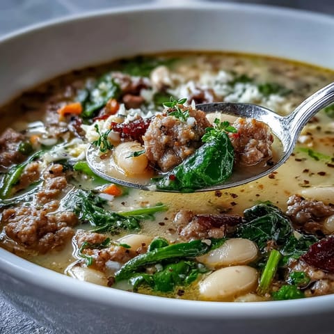 Creamy Tuscan White Bean Soup with Sausage in a rustic bowl, topped with Parmesan and wilted spinach, next to crusty bread.