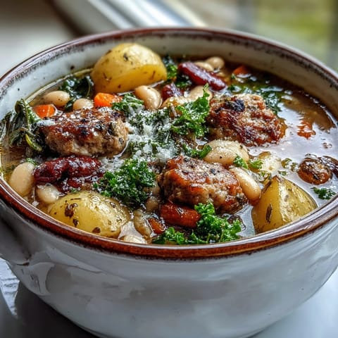 A hearty Tuscan White Bean Sausage Soup simmering in a Dutch oven, featuring kale, cannellini beans, and savory sausage. 