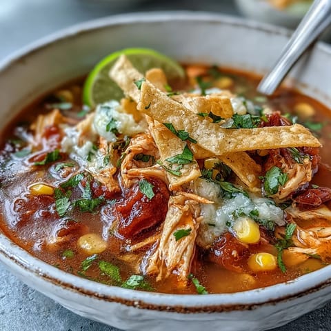 A vibrant bowl of Best Chicken Tortilla Soup topped with creamy avocado slices, shredded cheese, and a dollop of sour cream against a rustic backdrop.