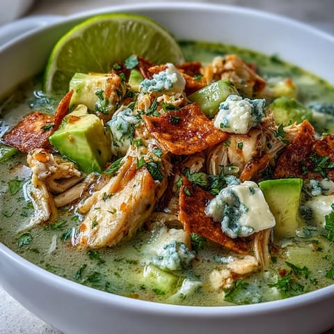 Creamy Chicken Tortilla Soup ladled into a rustic bowl with diced avocado, crushed tortilla chips, and fresh cilantro. 