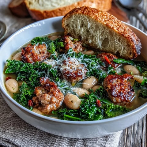 Steam rises from a large pot of Italian White Bean Soup with Kale and Sausage, showcasing creamy beans and vibrant green kale. 