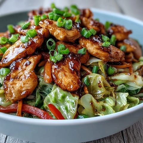 Steaming hot Chicken Cabbage Stir-Fry served family-style in a large ceramic bowl, garnished with sliced green onions and sesame seeds, ready to be enjoyed.