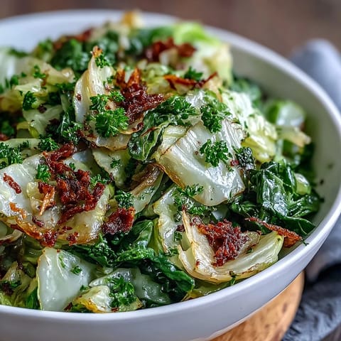 Tender cabbage with garlic and Mediterranean spices, garnished with parsley and served with lemon wedges.