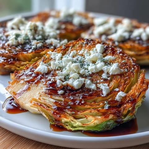 Thick slices of Crispy Cabbage Steaks With Feta and Balsamic served warm, garnished with fresh parsley and lemon zest for a bright side dish.
