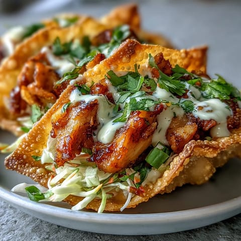 Golden Crispy Chicken Wonton Tacos filled with smoky chicken and creamy sriracha mayo.
