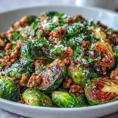 Skillet of Brussels sprouts and ground turkey with caramelized edges, garlic, and a bright squeeze of lemon.