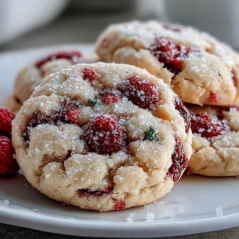 Sugary, sparkly raspberry sugar cookies rest on parchment, revealing a tender crumb studded with fresh raspberries.