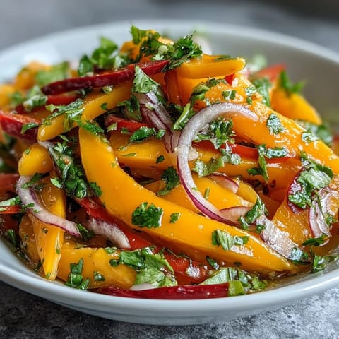 Perfectly ripe mango fans and crunchy veggies rest in a tangy lime-honey vinaigrette, flecked with fresh cilantro and red chili slices. 