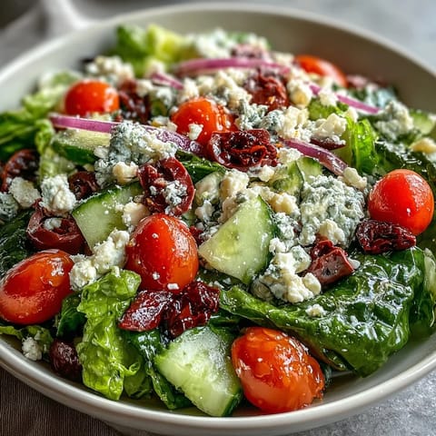 A close-up of a Greek Salad Bowl with crisp romaine, creamy feta, and briny Kalamata olives on a rustic table.