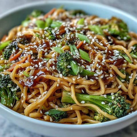 Quick and easy Asian Teriyaki Noodle Bowl topped with green onions and nutty sesame seeds.