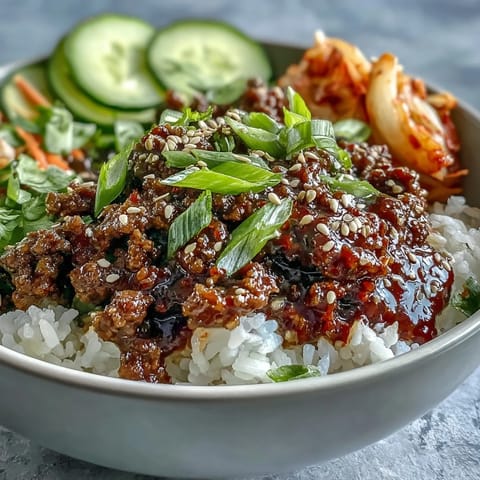 Korean Beef Bowl served with bright pickled carrots and radish, plus sesame seeds, ready for a quick and flavorful weeknight meal.