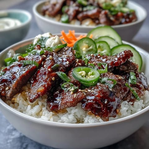 Colorful Korean Beef Power Bowl featuring tender beef slices, crisp cucumbers, spicy jalapeños, and sesame seeds up close.