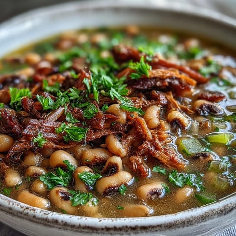 Tender black-eyed peas simmered with smoked pork and Creole spices in a rustic Dutch oven for New Year's.