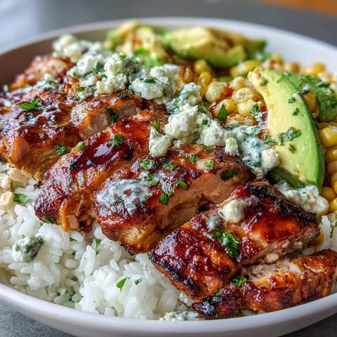 A hearty, gluten-free dinner featuring juicy seasoned chicken and charred Mexican street corn over rice.