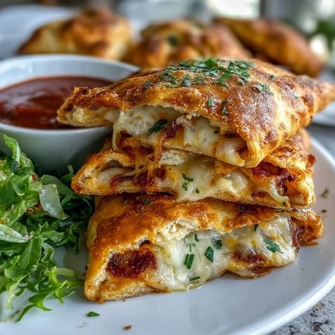 Six golden High Protein Pizza Hot Pockets rest on a wooden board, some sliced open to reveal melty mozzarella and zesty red sauce.