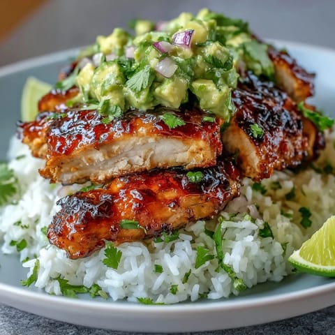 A vibrant stack of honey lime chicken and avocado rice served on a white plate with lime wedges.