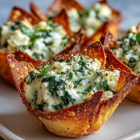 Freshly baked Crispy Spinach Feta Wonton Cups served warm with a golden finish.
