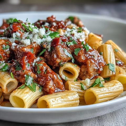 One-Pot Creamy Red Wine Sausage Pasta steaming in a rustic skillet, garnished with fresh basil and a snowy shower of Parmesan cheese. 