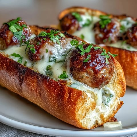 Baked turkey meatballs rest in a creamy garlic-Parmesan sauce inside golden sub rolls for an indulgent bite.