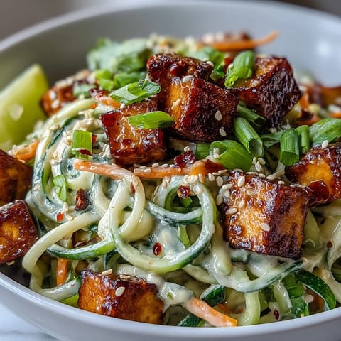 A close-up of creamy chili crisp dressing coating spiralized cucumbers and wheat noodles in a vibrant bowl.