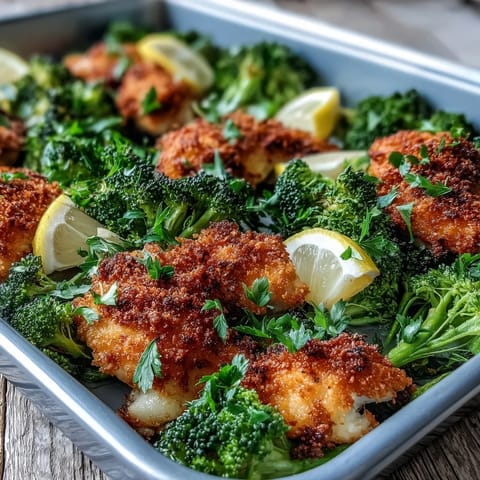 Fresh broccoli florets and tender chicken breasts roasted on a single sheet pan, topped with a golden, savory Parmesan-panko crust.