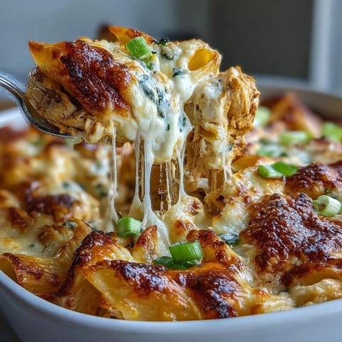 Golden-baked Creamy Buffalo Ranch Chicken Pasta Bake with bubbling mozzarella and cheddar cheese topping.