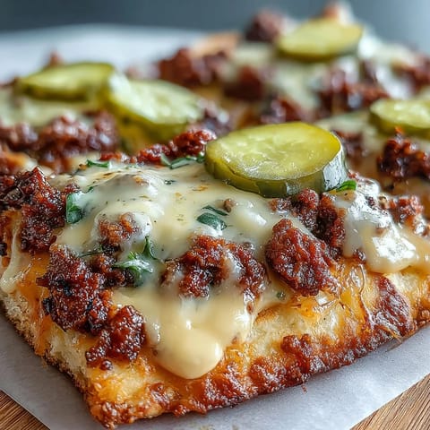 Golden, bubbly Cheeseburger Garlic Naan Pizzas fresh from the oven, featuring melted cheese sauce and pickles on crisp naan bread.