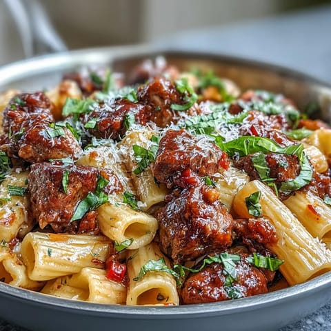 Close-up shot of One-Pot Creamy Red Wine Sausage Pasta in a skillet, garnished with fresh parsley and a side of grated Parmesan cheese.