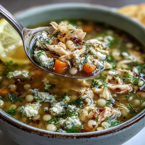 Greek Chicken Pearl Couscous Soup