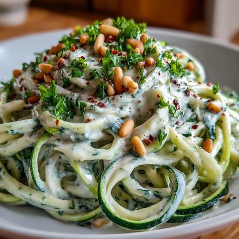 Vegan Creamy Cashew Alfredo over Zucchini Noodles is served warm, garnished with chopped parsley and toasted pine nuts for a flavorful finish.