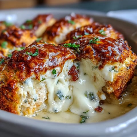 Golden Keto Chicken Cordon Bleu Casserole with melted Swiss cheese and a bubbly, golden-brown topping served hot.