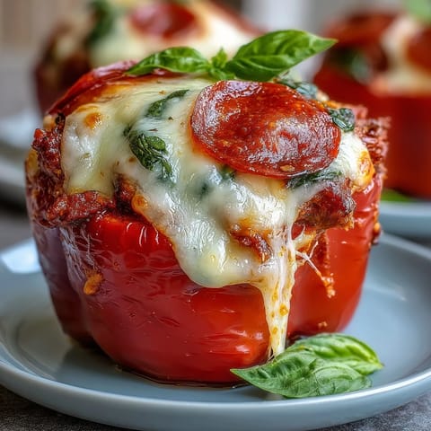 Freshly garnished Keto Pizza Stuffed Peppers featuring bell peppers overflowing with savory Italian sausage and gooey mozzarella.
