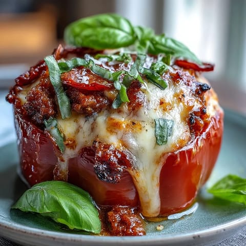 Golden-baked Keto Pizza Stuffed Peppers with melted mozzarella and bubbling marinara, topped with crispy pepperoni slices.