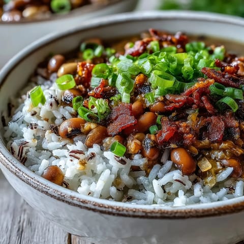 Steaming bowl of Hoppin John served over fluffy white rice, topped with crispy bacon and fresh scallions.