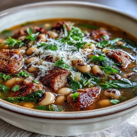 Rustic bowl of black-eyed peas and sausage soup, topped with fresh parsley and Parmesan, perfect for chilly evenings.  